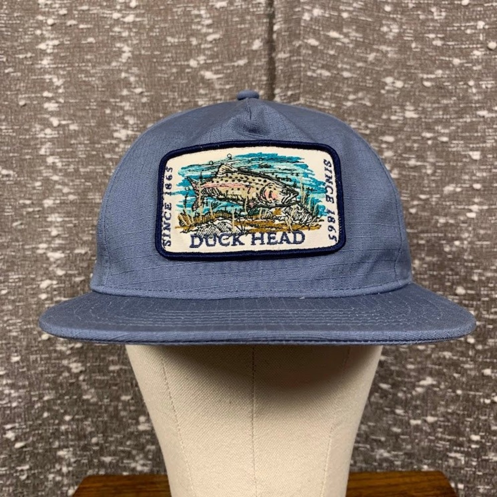 Duck Head Trout Fishing Patch Hat Blue Ripstop Unstructured 5 Panel Snapback Cap